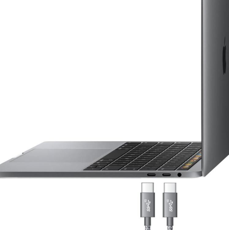 Two USB-C connectors are facing two USB ports of a laptop